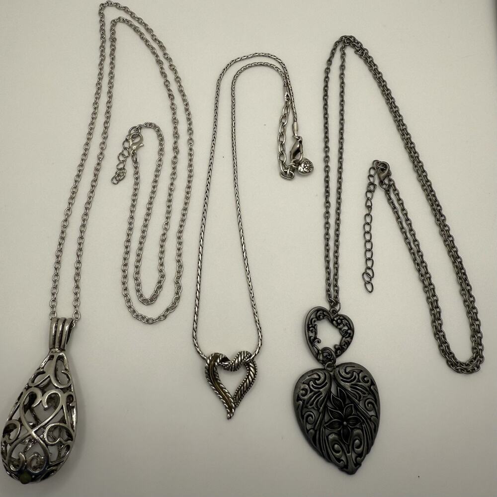 Three Heart Pendant Necklaces Silver‎ Tone Gunmetal Tone 18” 35” 36”